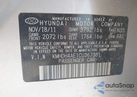 2012 Hyundai Elantra Limited (Ulsan Plant) из США, поврежденный, VIN KMHDH4AE1CU367381